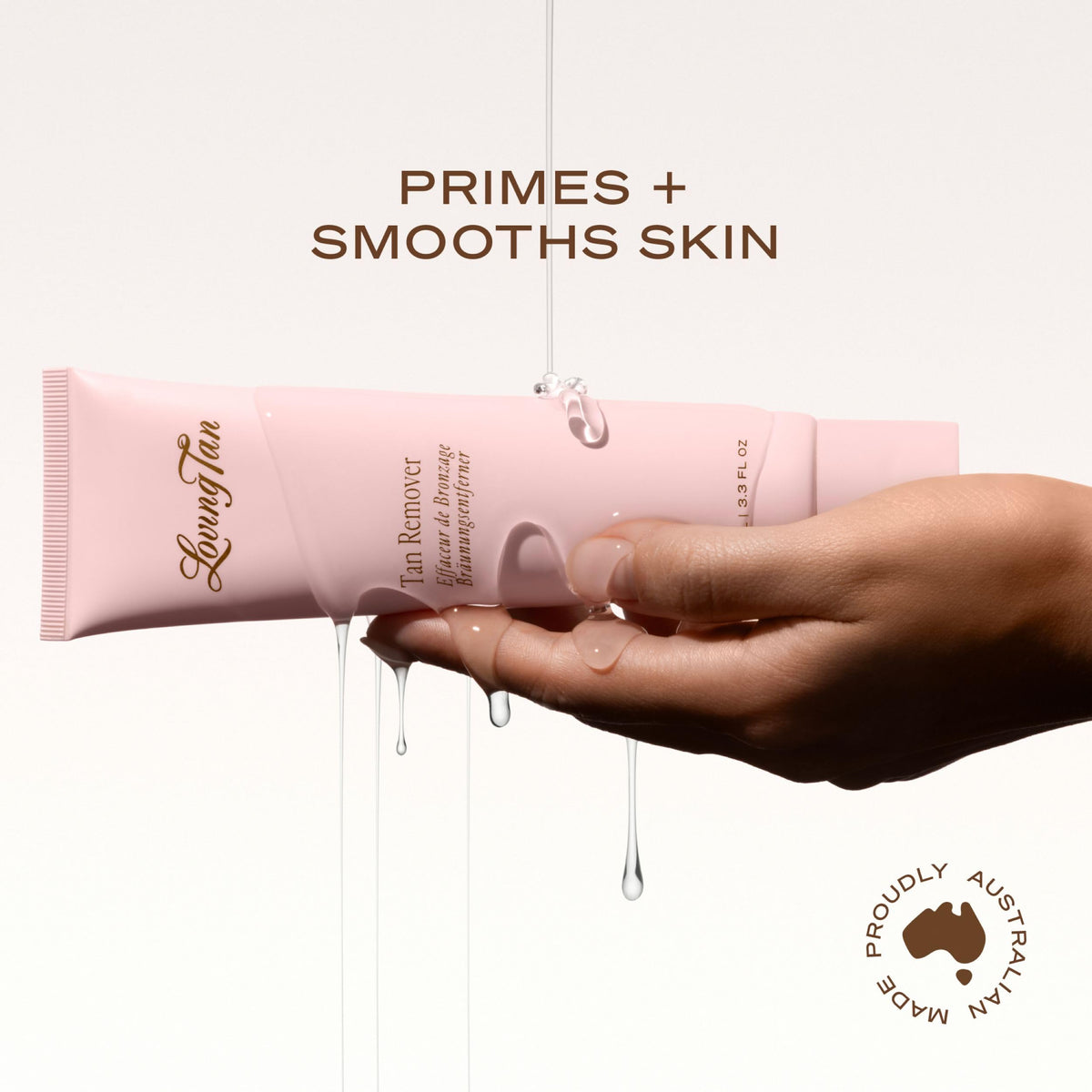 Loving Tan gel with tan-removing glove showing effective removal benefit