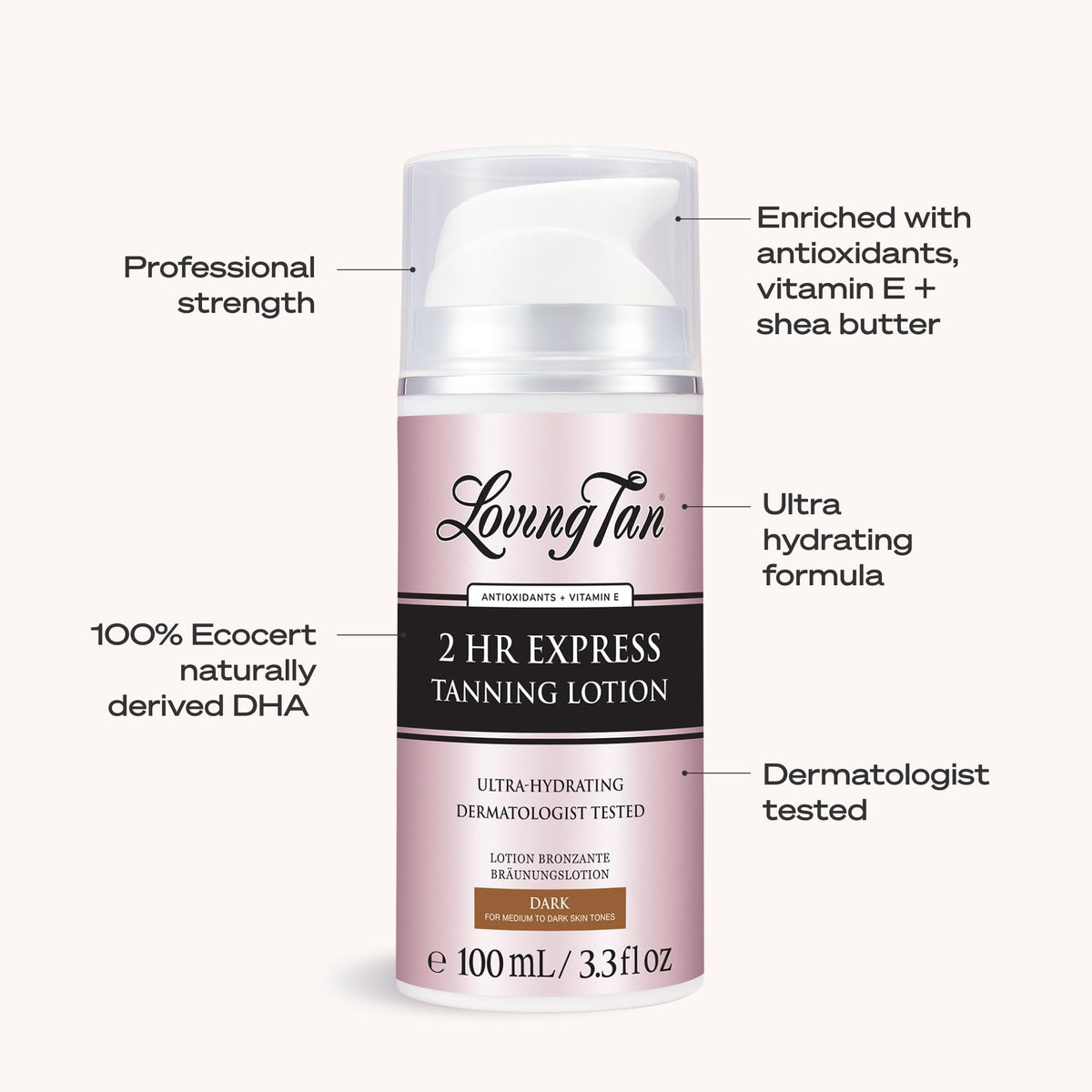 Loving Tan ingredients shot with shea butter and vitamin E for hydration