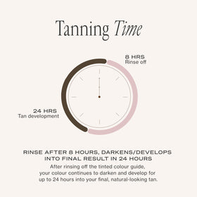 Loving Tan on bathroom vanity with mitt showing ready-to-use professional results