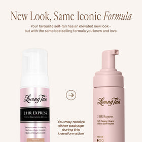 Loving Tan mousse texture on hand highlighting quick-dry, lightweight feel