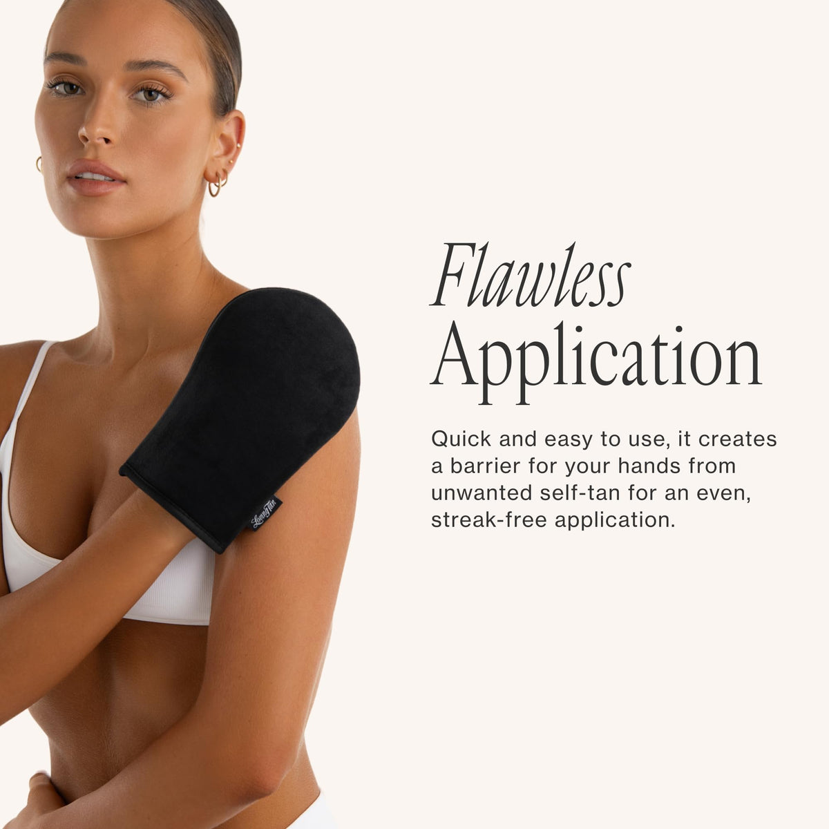 Loving Tan mitt in its packaging on vanity portraying a salon-style tool for at-home tanning