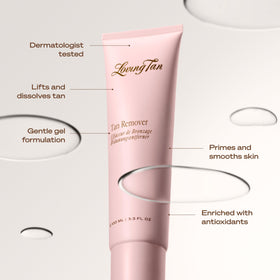 Loving Tan bottle next to ruler showing compact 3.3 fl oz size benefit