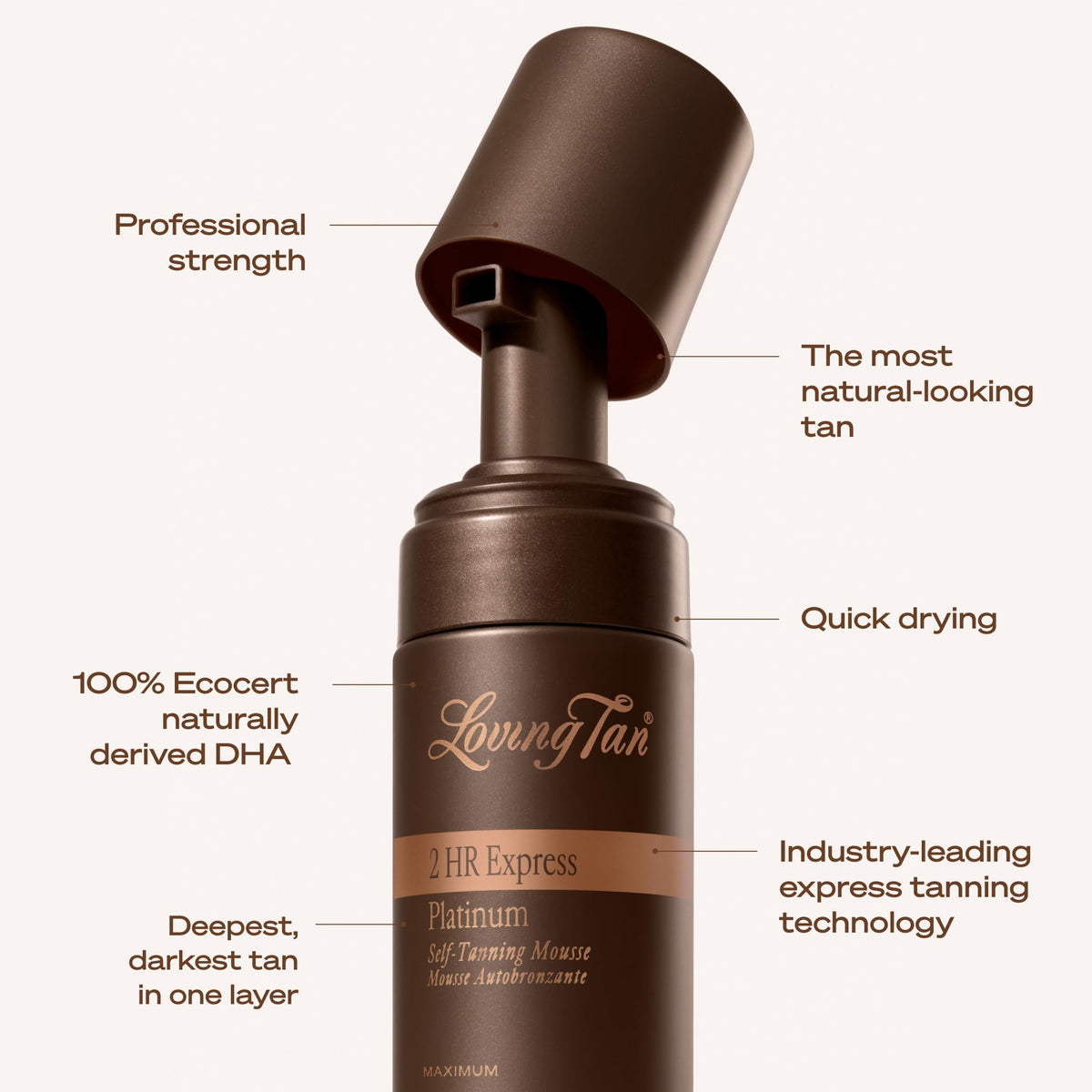 Loving Tan label and ingredient list close-up highlighting naturally derived formulation