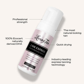 Loving Tan 4 fl oz held next to hand showing compact size and portability
