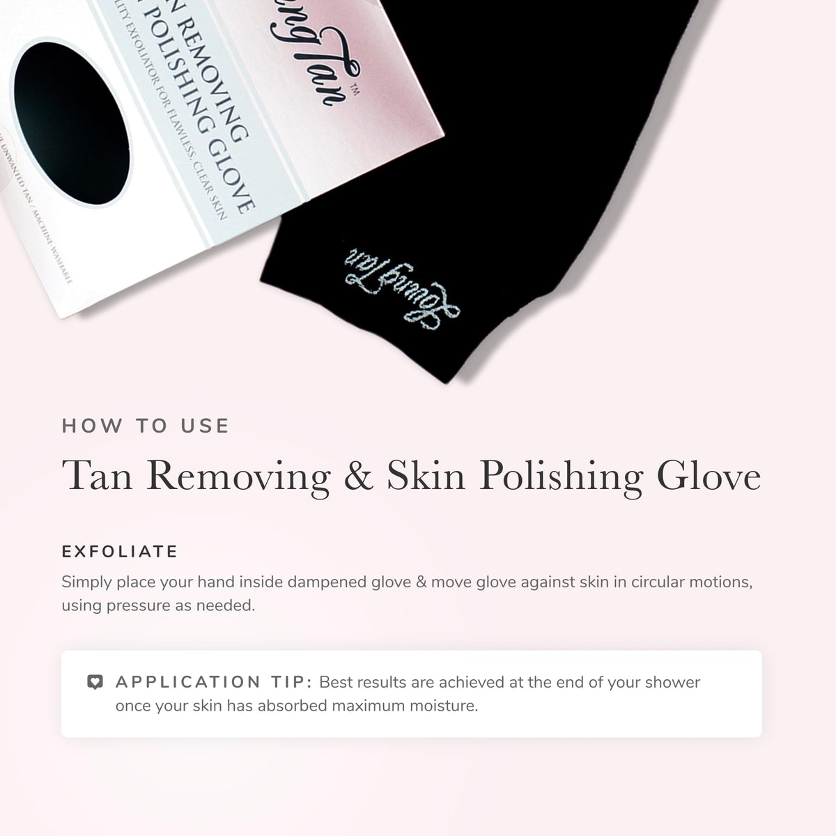 Loving Tan mitt in bathroom setting showing preparation for even tanning benefit