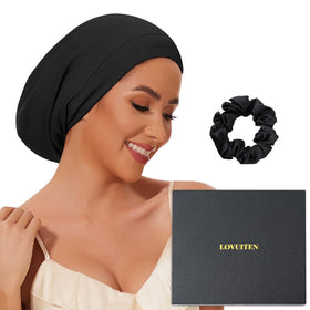 LOVUITEN bonnet front packaging showing product and included scrunchie benefit: elegant gift presentation