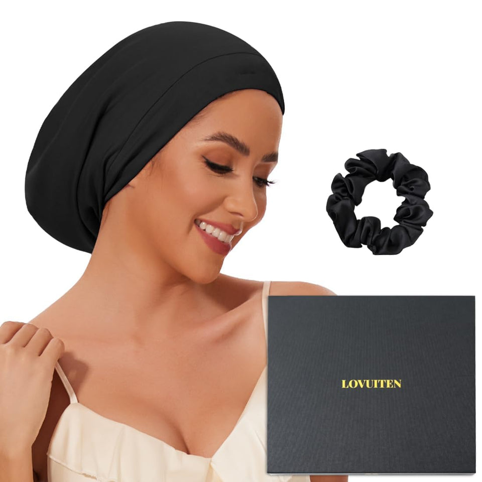 LOVUITEN bonnet front packaging showing product and included scrunchie benefit: elegant gift presentation