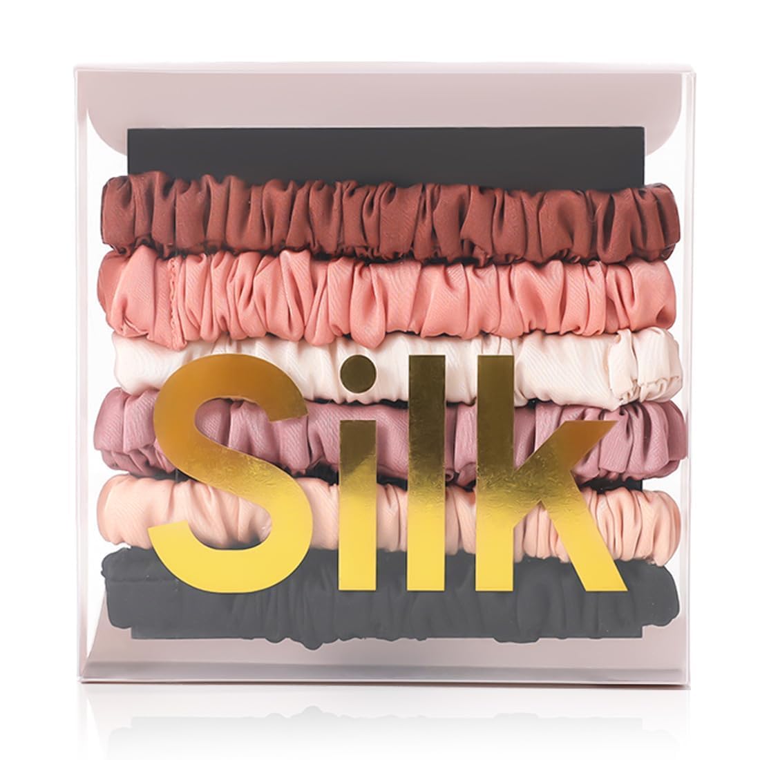 LOVUITEN front view of six silk scrunchies showing colors and packaging, luxury appeal