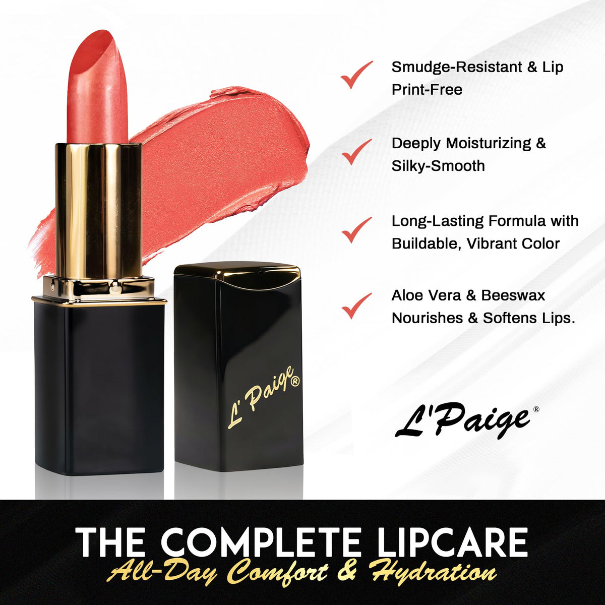 L'Paige L49 lip application closeup illustrating even coverage and hydration benefit