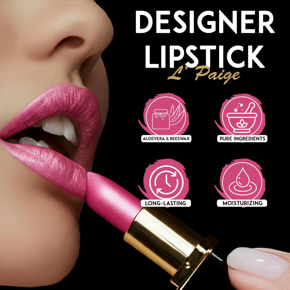 L'Paige lip application image showing even coverage and hydrated-looking lips