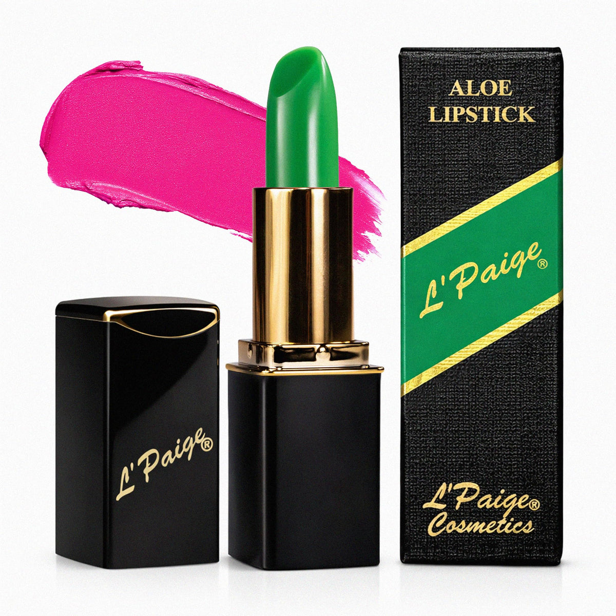 L'Paige open tube revealing green core that transforms to vibrant pink on application
