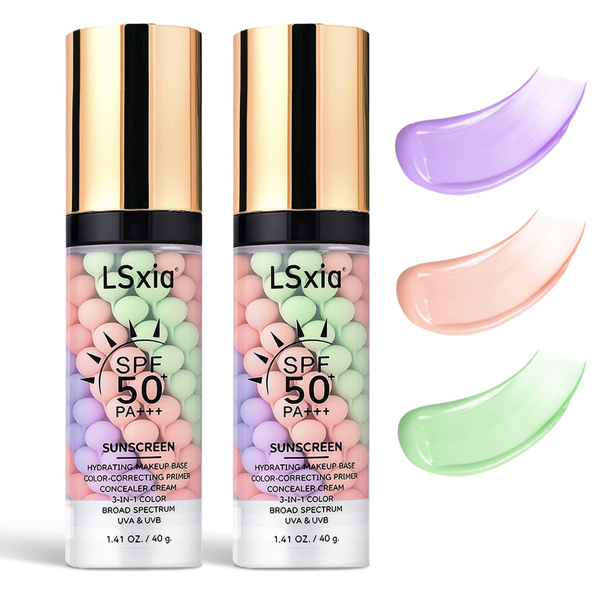 LSxia front packaging showing 3‑in‑1 primer and SPF benefit