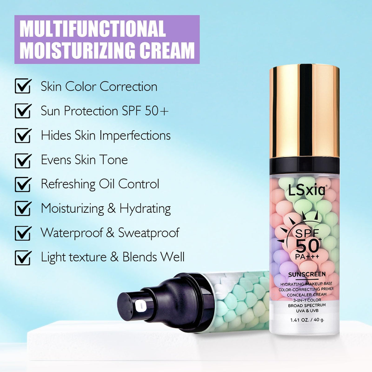 LSxia label closeup showing SPF 50 and multi‑action primer benefits