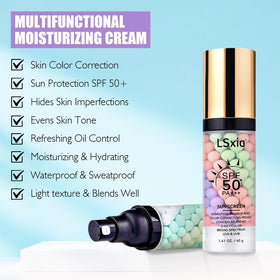 LSxia label closeup showing SPF 50 and multi‑action primer benefits