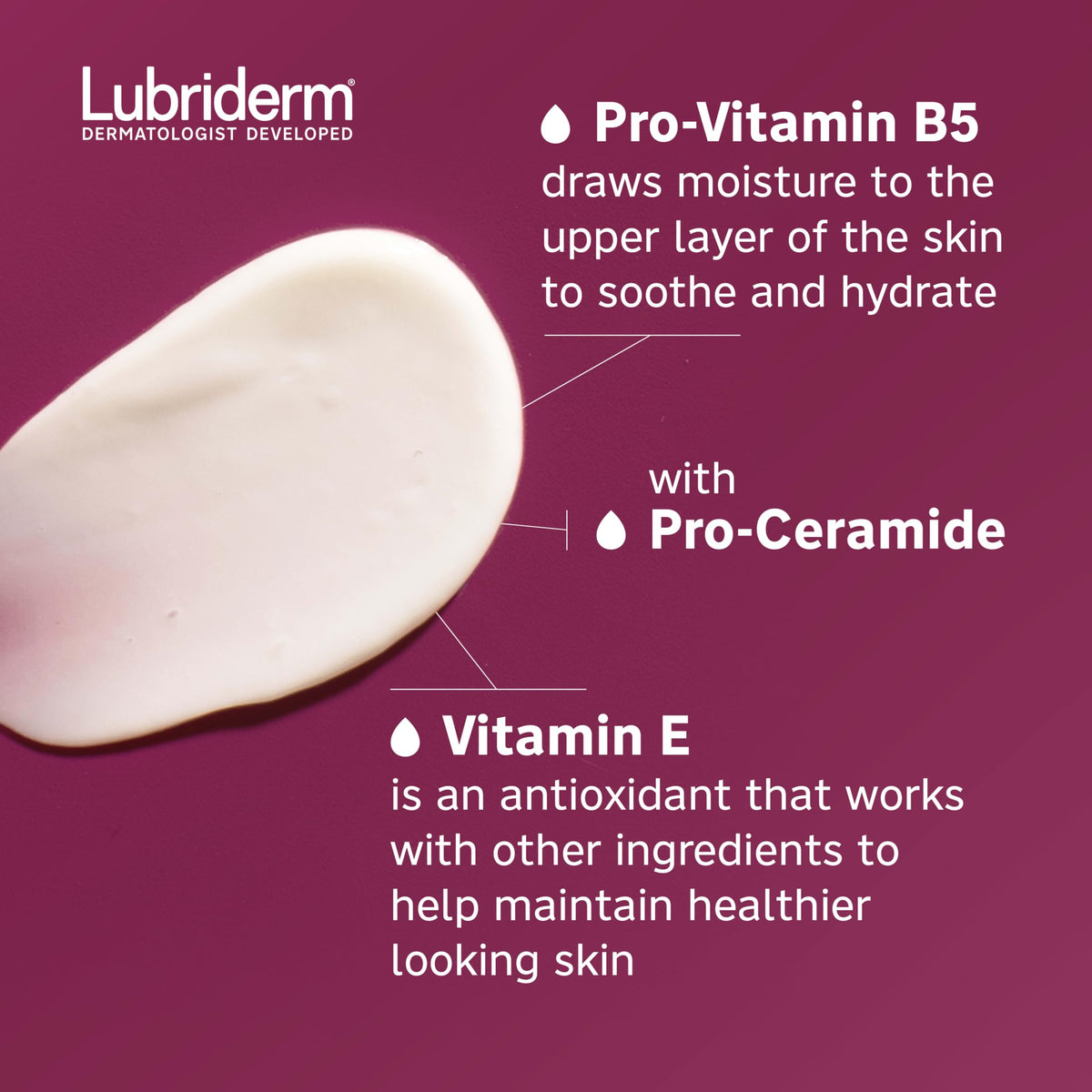 Back label of Lubriderm showing ingredient list and transparency benefit