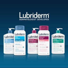 Bathroom shelf with Lubriderm bottle in a lifestyle setting showing everyday use