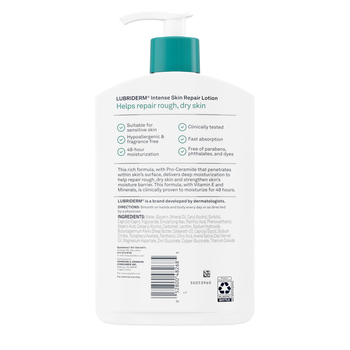 Angled Lubriderm bottle with light to show clean, non-greasy finish