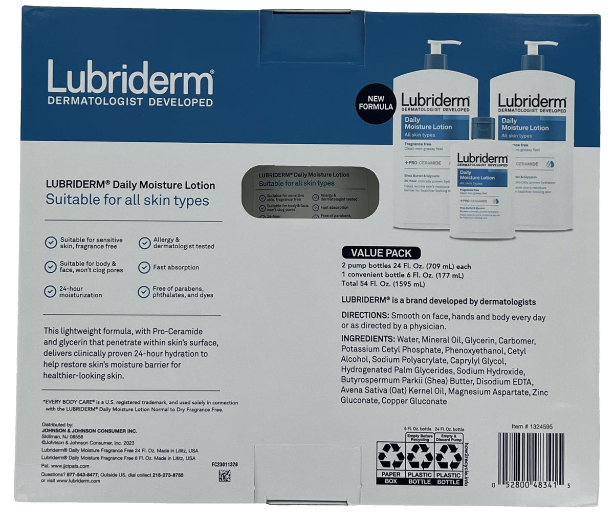 Lubriderm bottle close-up of pump and label for easy dispensing