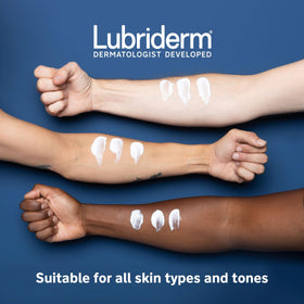 Lubriderm bottle on bathroom counter in lifestyle setting, daily routine benefit