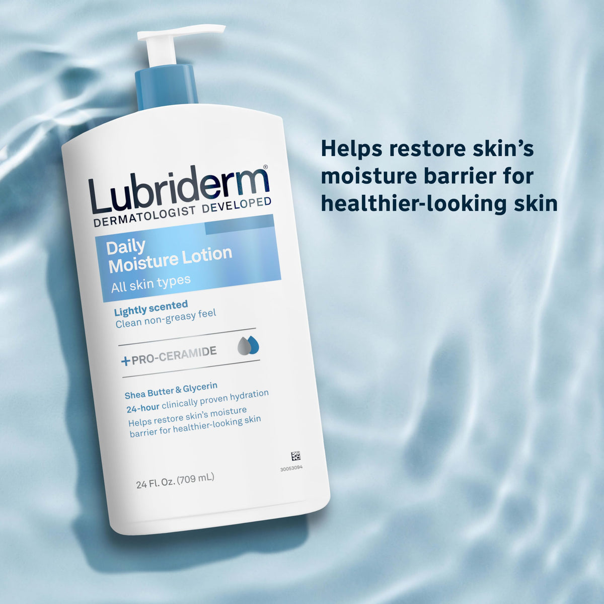 Lubriderm ingredient label close-up highlighting pro-ceramide and shea butter