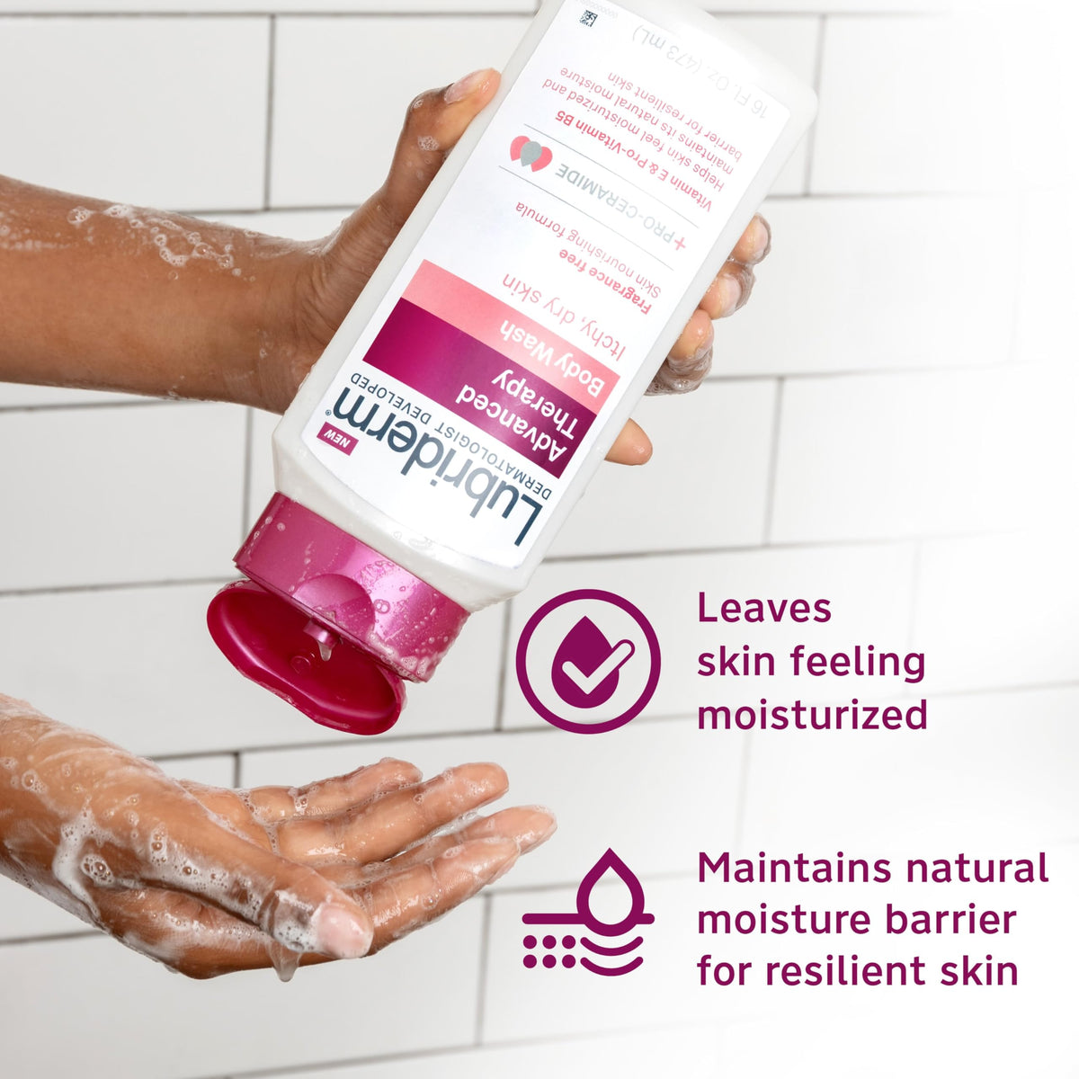 Close-up creamy lather of Lubriderm showing gentle cleansing without dryness