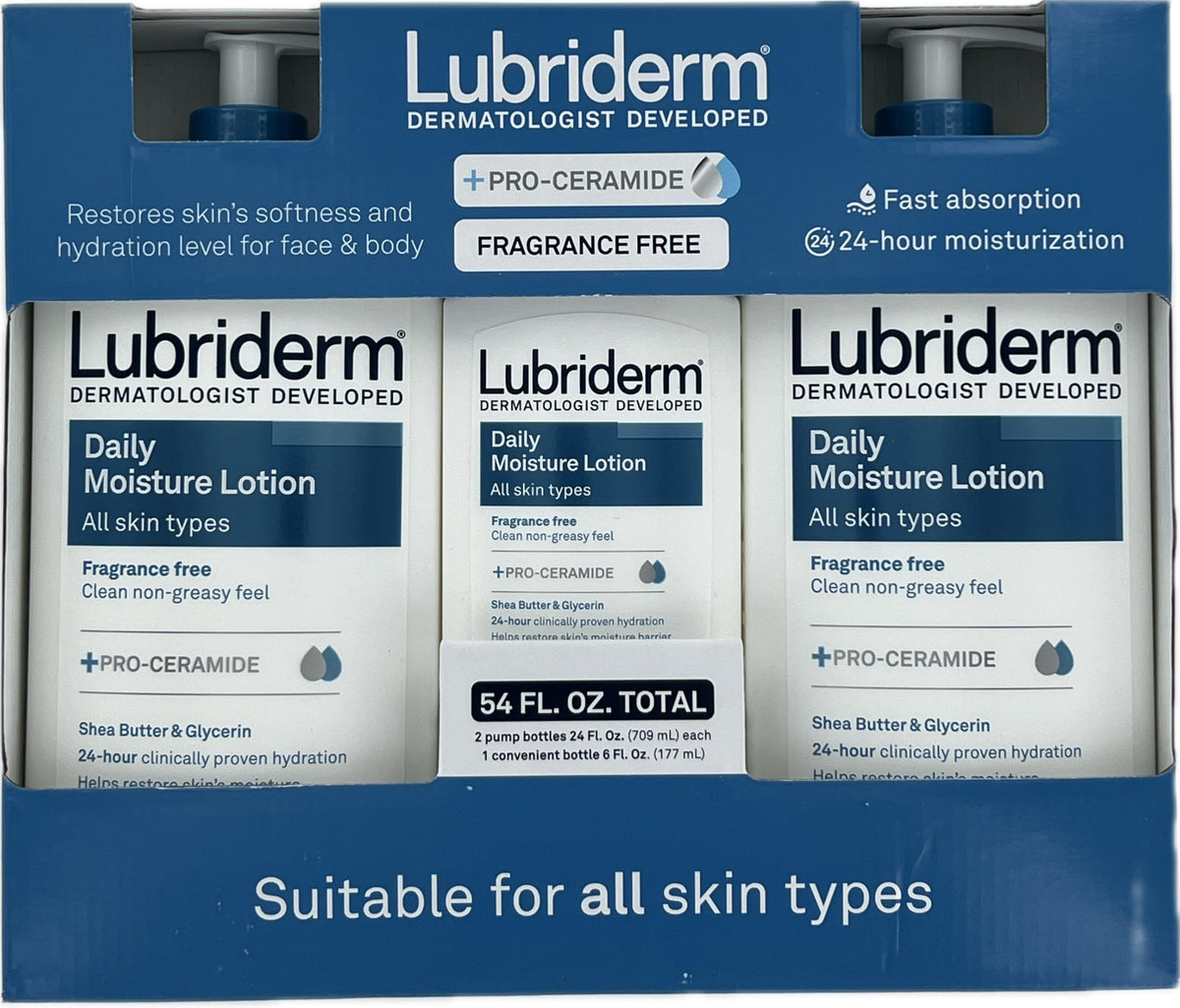 Lubriderm bottle front packaging showing scent-free benefit