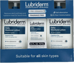 Lubriderm bottle front packaging showing scent-free benefit