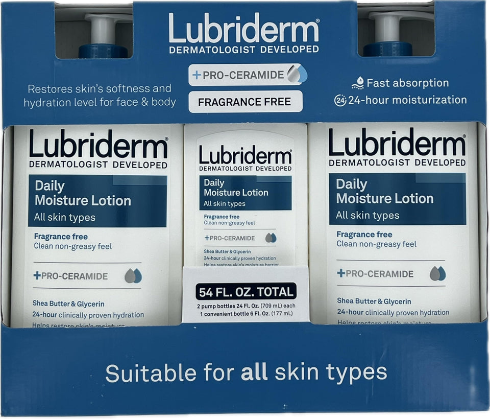 Lubriderm bottle front packaging showing scent-free benefit