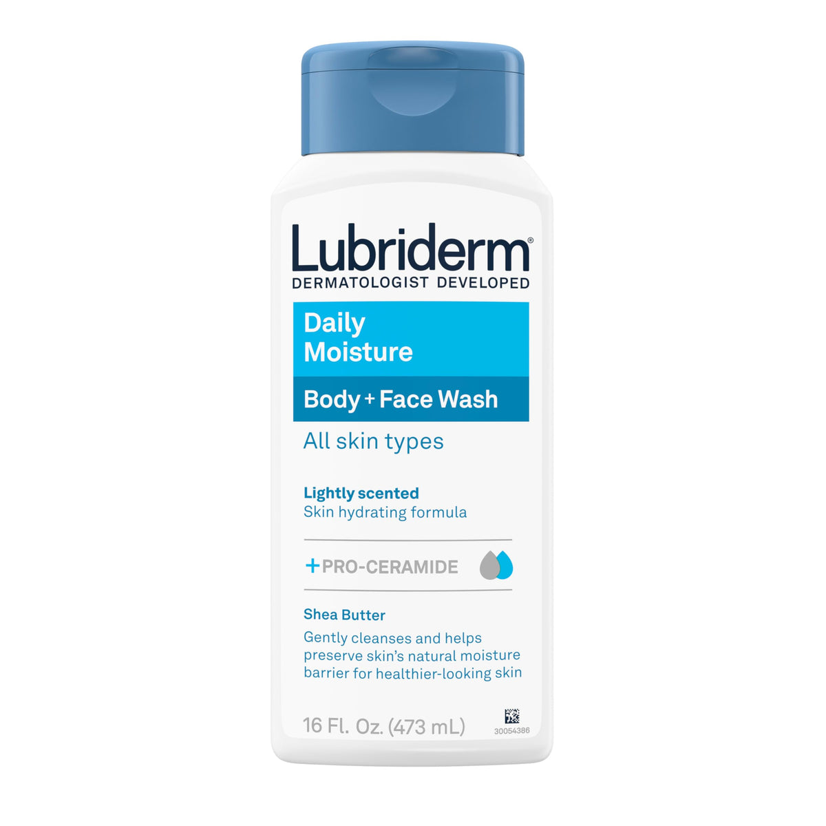 Lubriderm front bottle showing full label and volume benefit of daily hydration