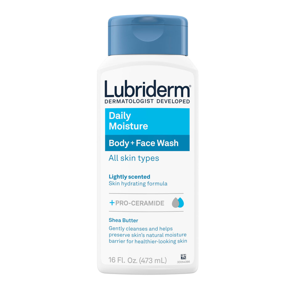Lubriderm front bottle showing full label and volume benefit of daily hydration