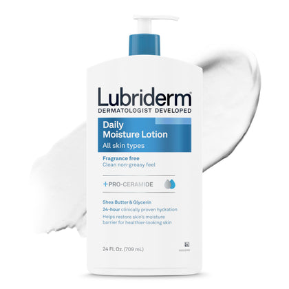 Lubriderm front bottle showing unscented 24 oz for long-lasting hydration