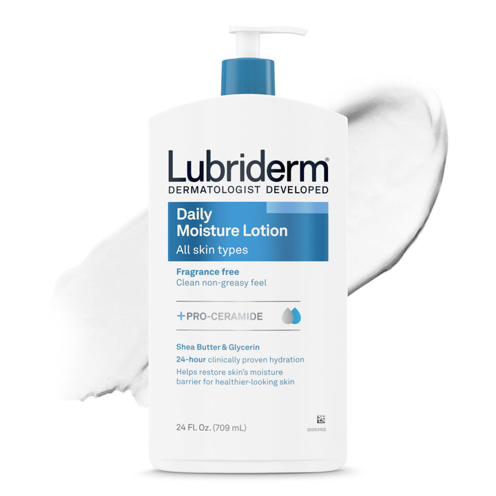 Lubriderm front bottle showing unscented 24 oz for long-lasting hydration
