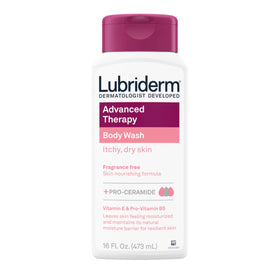 Lubriderm front label on 16 fl oz bottle showing unscented formula benefit
