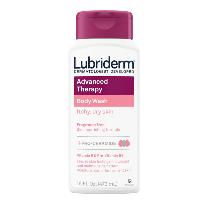 Lubriderm front label on 16 fl oz bottle showing unscented formula benefit