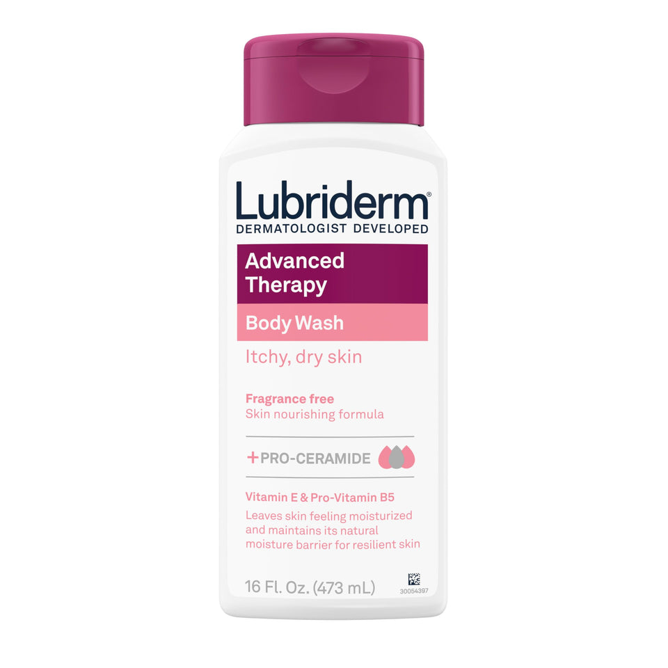 Lubriderm front label on 16 fl oz bottle showing unscented formula benefit