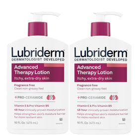 Lubriderm front packaging showing two 16 oz bottles and product benefits