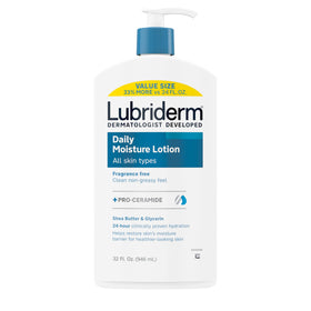 Lubriderm front packaging 32 oz showing pump and label benefits