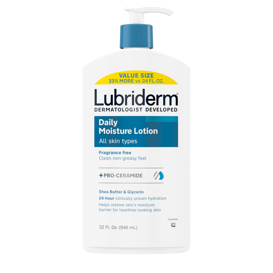 Lubriderm front packaging 32 oz showing pump and label benefits