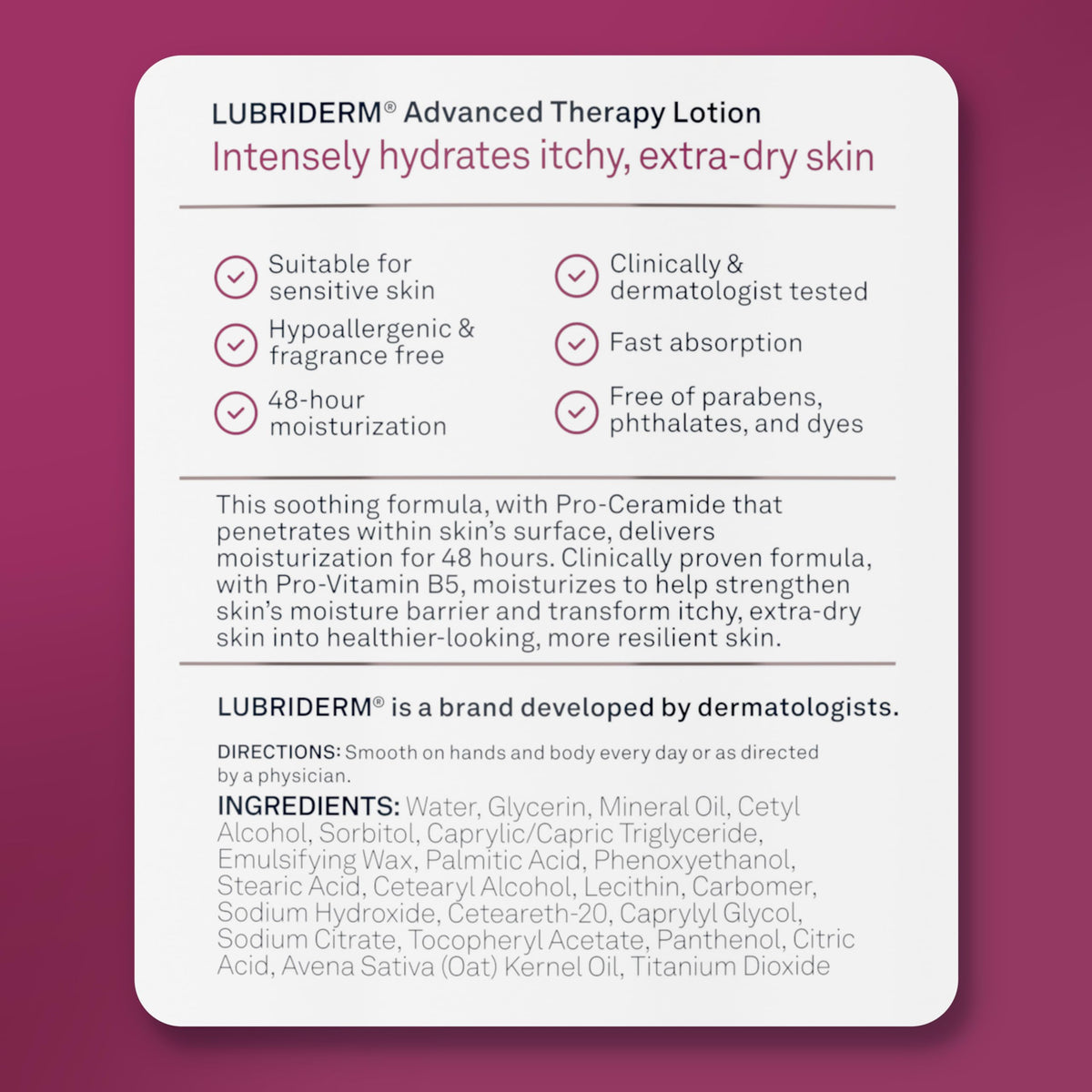 Lubriderm hypoallergenic seal graphic showing gentle formula reassurance