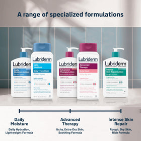 Lifestyle shower scene with Lubriderm showing calming care for sensitive skin