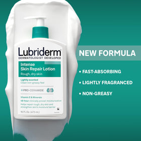 Lubriderm ingredient label closeup highlighting Pro-Ceramide benefit