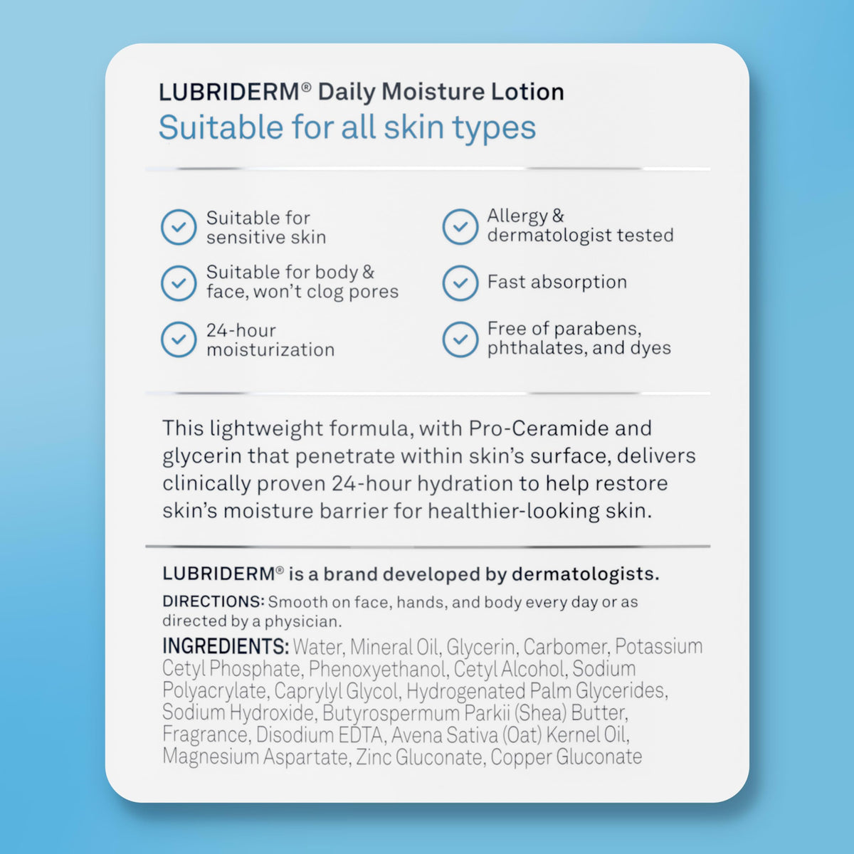 Close detail of lotion absorbing into skin, Lubriderm non-greasy finish