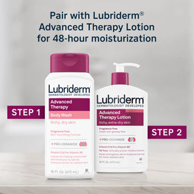 Lubriderm bottle beside lotion illustrating a full moisturizing routine benefit