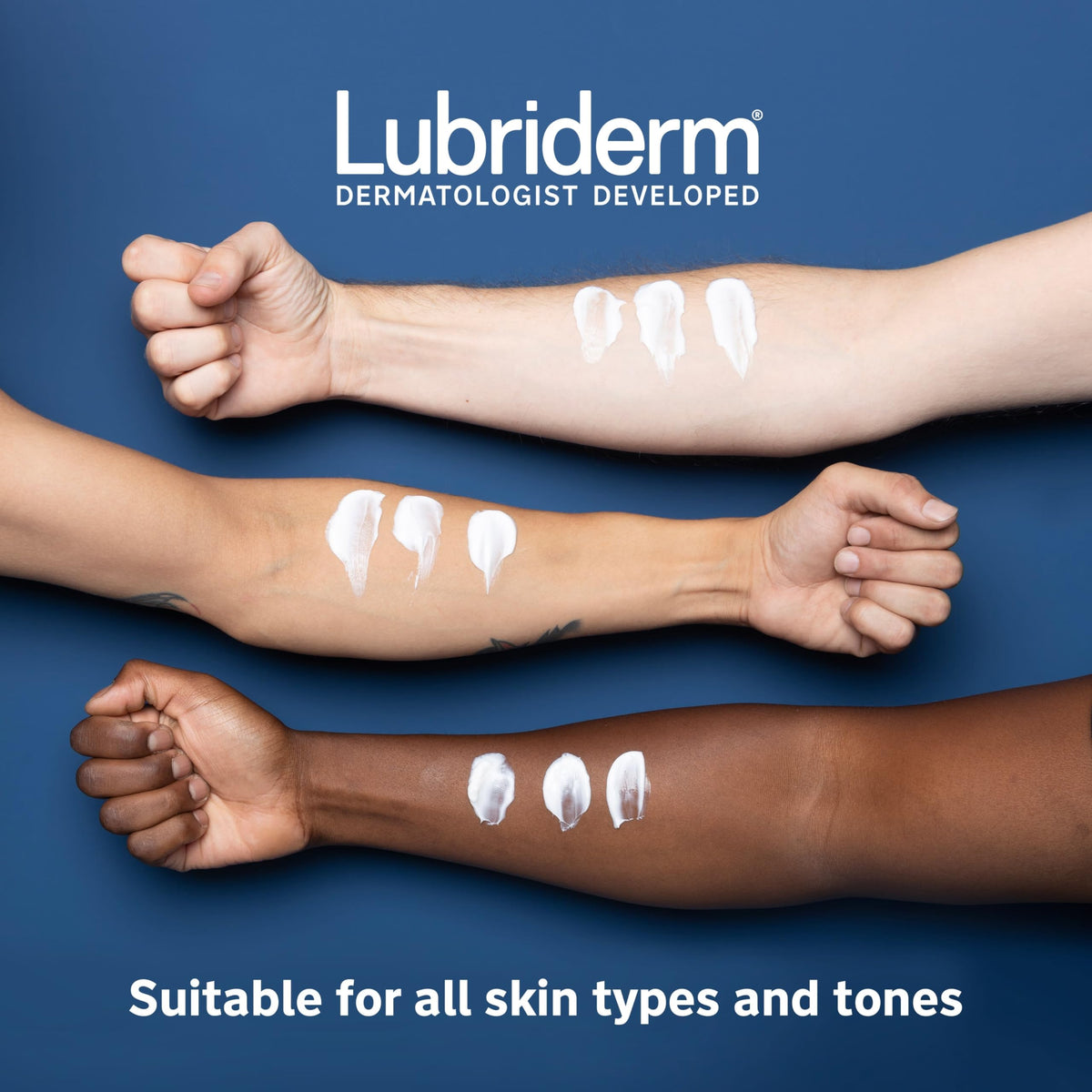 16oz Lubriderm bottle next to hand to show true size and portability