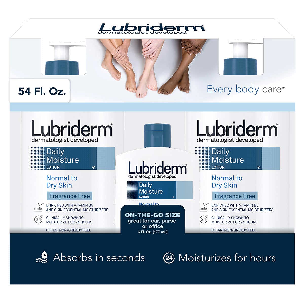 Lubriderm three bottles stacked in lifestyle scene for convenience