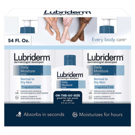 Lubriderm three bottles stacked in lifestyle scene for convenience