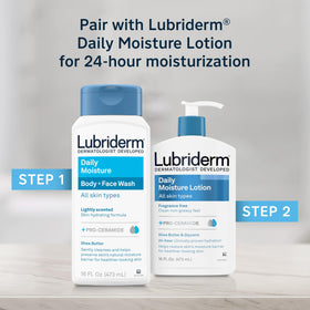 Person using Lubriderm on a washcloth illustrating face and body convenience