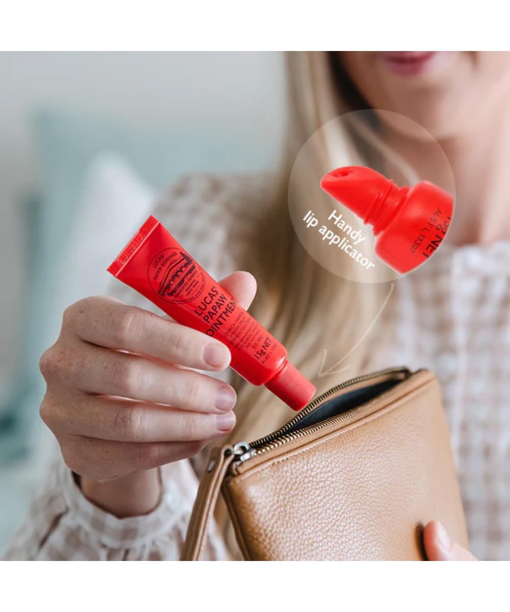 Lucas Papaw applicator tip on lip corner showing precise, mess-free use