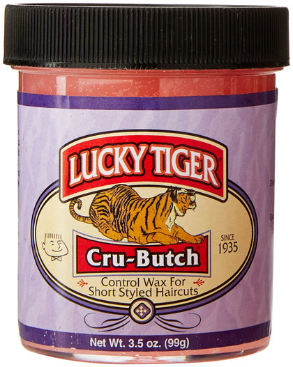Lucky Tiger front jar showing label and travel-sized control wax for precise styling