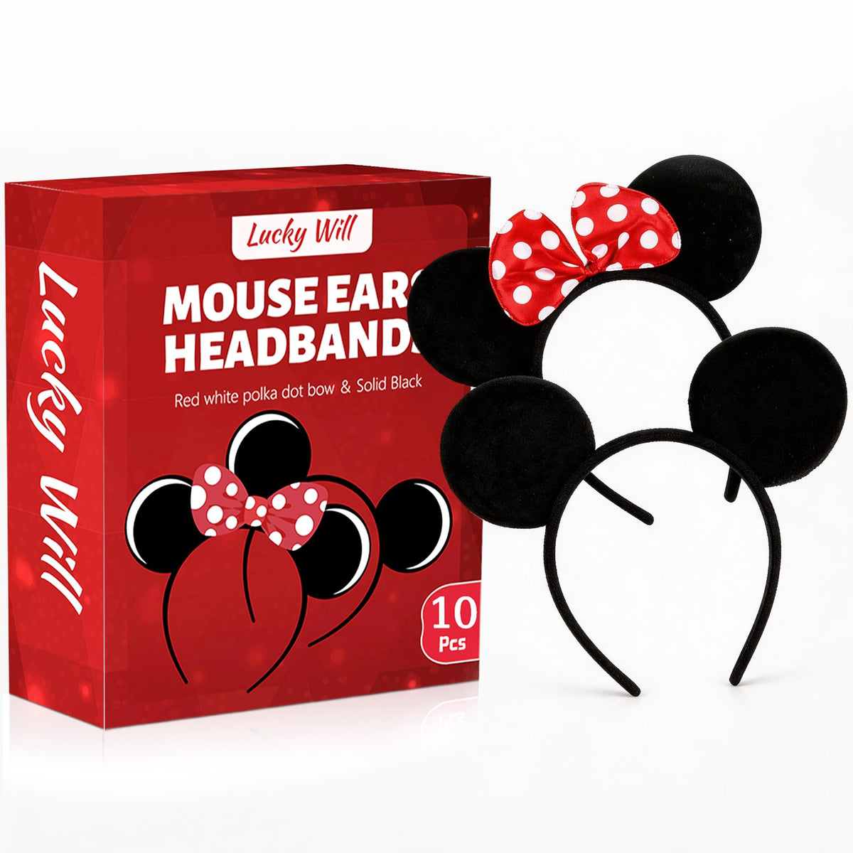 Lucky Will front packaging showing 10-pack mouse ears and bows for easy gifting